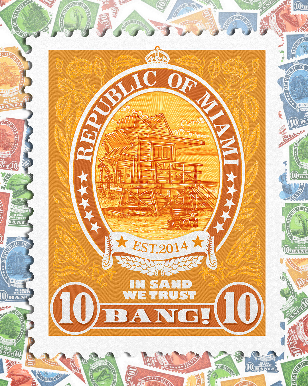 Close-up view of the VIA POSTAL men’s postal stamp image. BANG! Clothes postage stamp inspired by Miami Beach showing a beach lifeguard tower in a sunny yellow color.