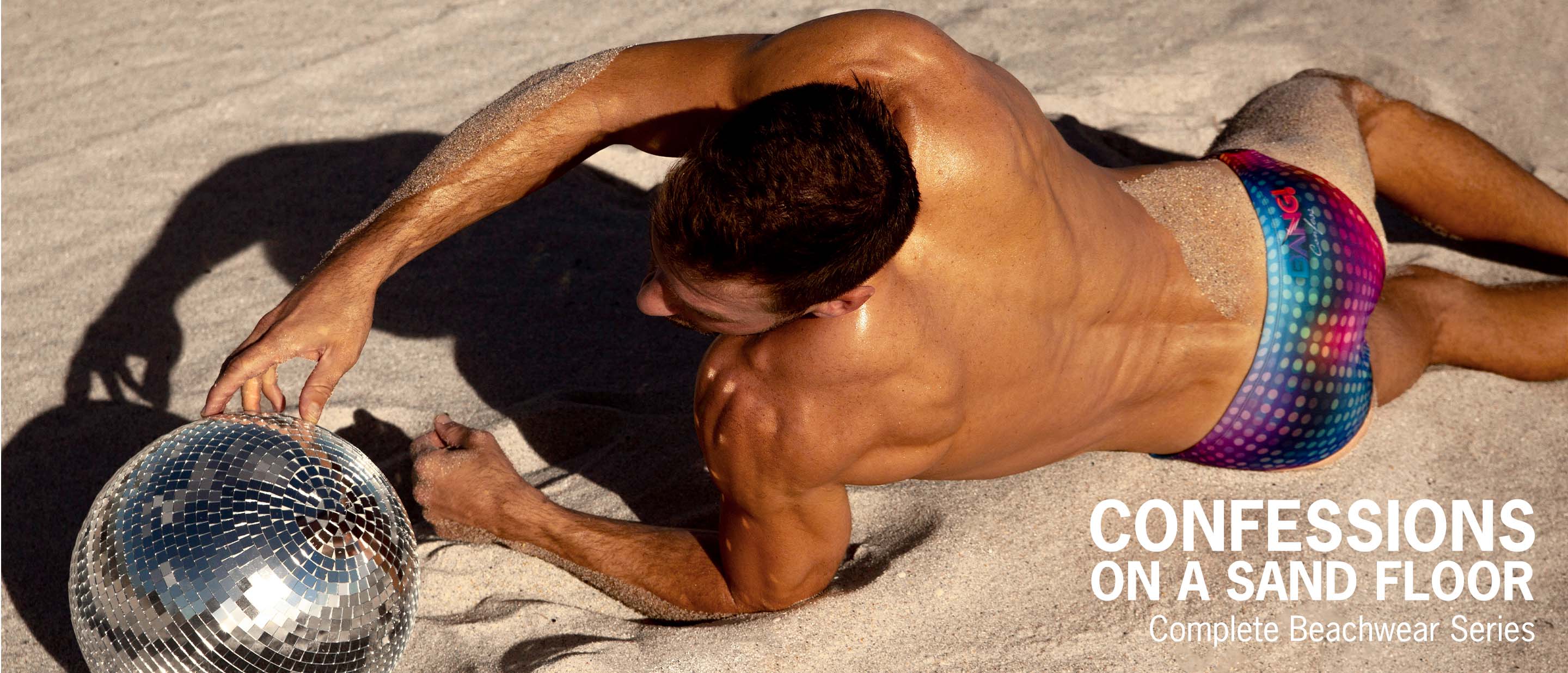 The Confessions On A Dance Floor complete beachwear Series by BANG! Miami, featuring color print simulating disco mirror ball light effect as tribute to artwork from Confessions on a Dance Floor album by Madonna. Inspired on 70s disco music, Studio 54, Saturday Night Fever, Bee Gees, Abba, Giorgio Moroder and Donna Summer.