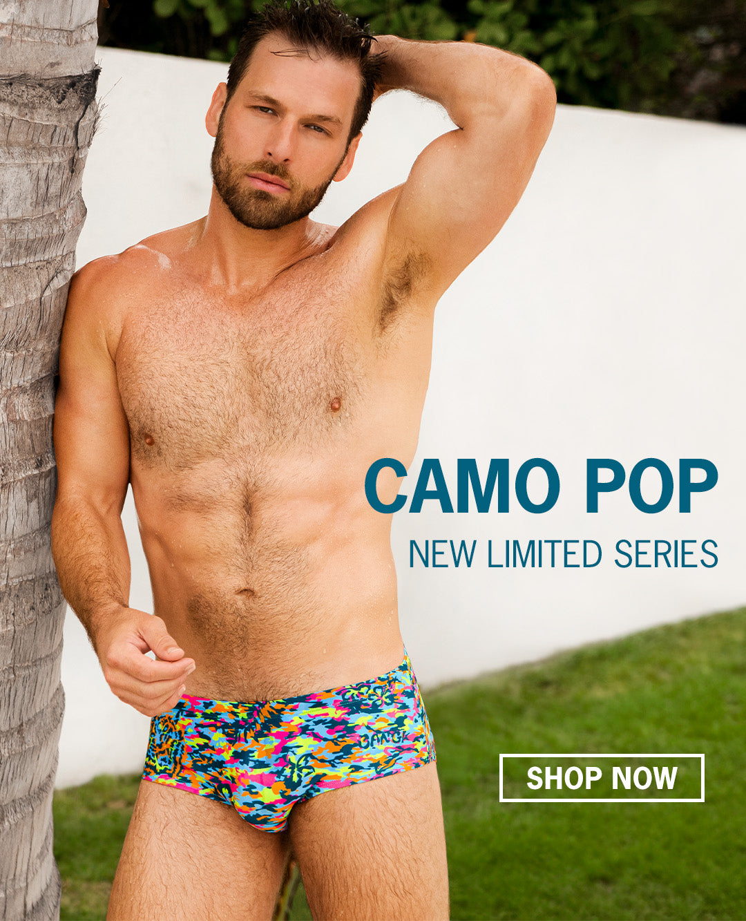The new CAMO POP Beachwear Series for men, featuring camouflage print in sunshine-friendly bright popping colors.
