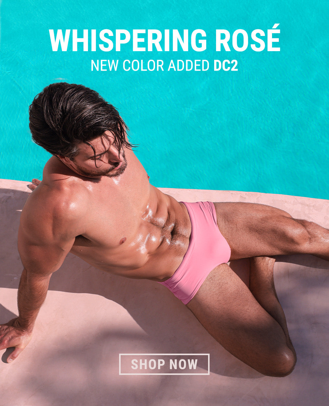 The WHISPERING ROSÈ men's swimsuit series in pastel pink color for Spring/Summer 2024 from the new DC2 capsule-brand by BANG! Miami  swimwear.