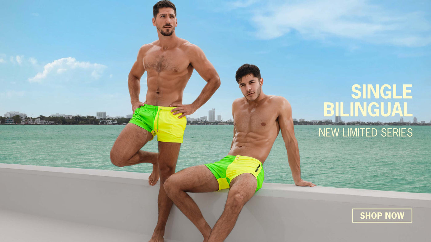 The new SINGLE BILINGUAL Beachwear Limited Series by BANG! Miami. Dual color block in bicolor neon green and fluo yellow bold summer hues.