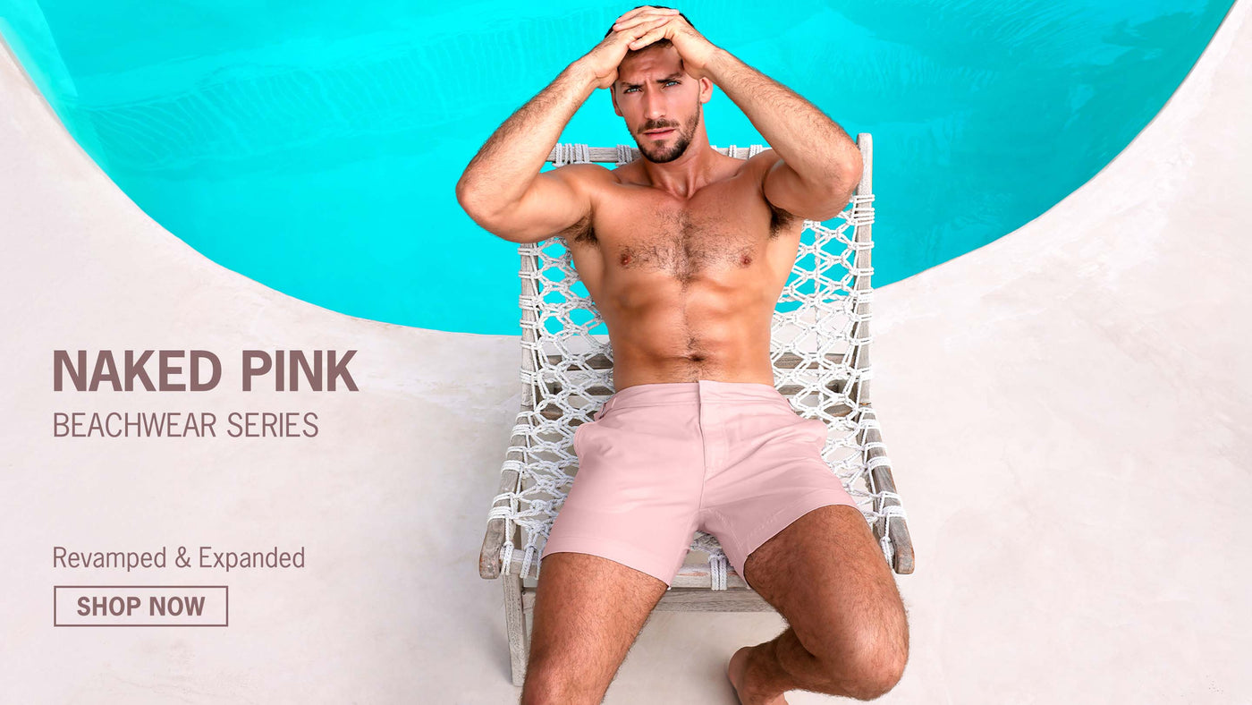 Featuring the Naked Pink Series: now revisited and expanded in different men's beachwear silhouettes of men's swimsuits and beach shorts by Bang Miami menswear clothing.