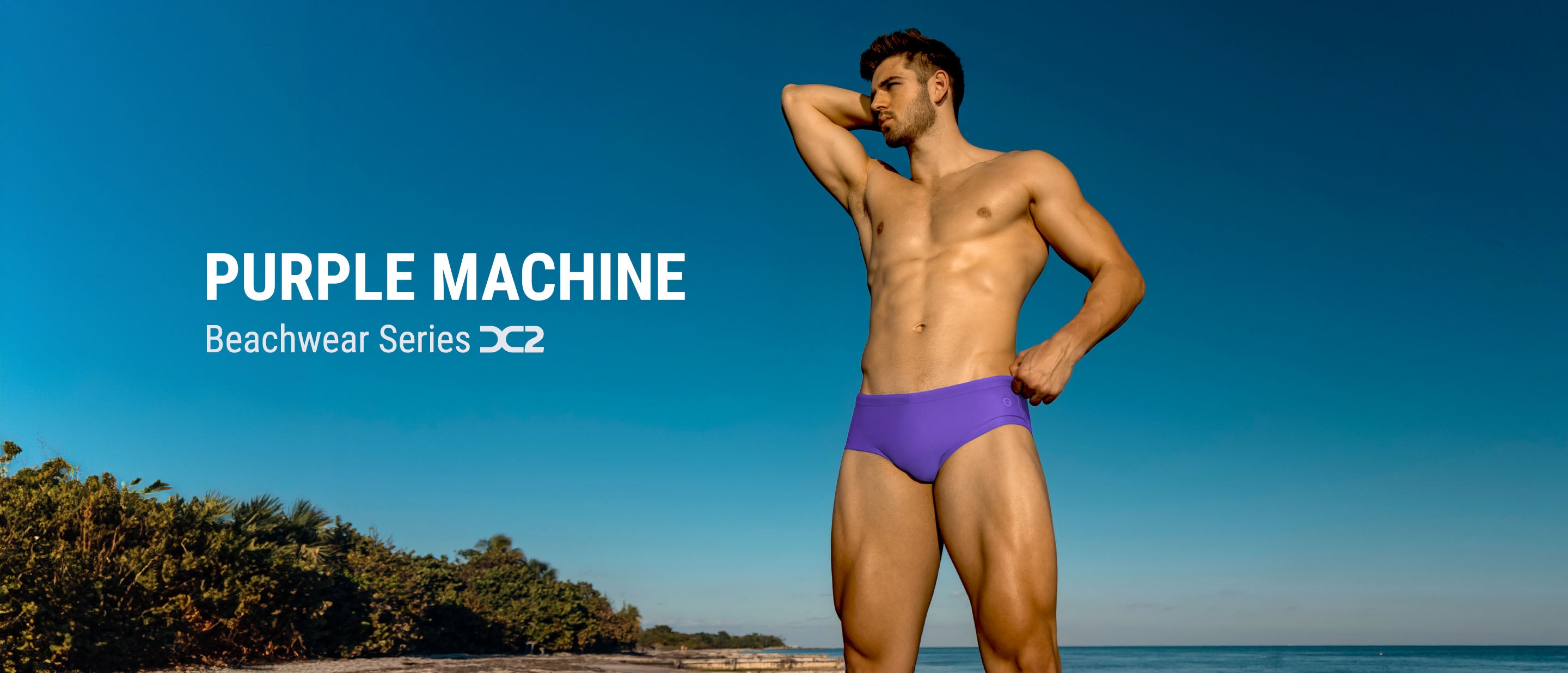The PURPLE MACHINE men's swimsuit series in Violet Amethyst. From the DC2 brand by BANG! Miami swimwear. Available as swim brief, swim sungas, beachs shorst, square cut swim trunks.