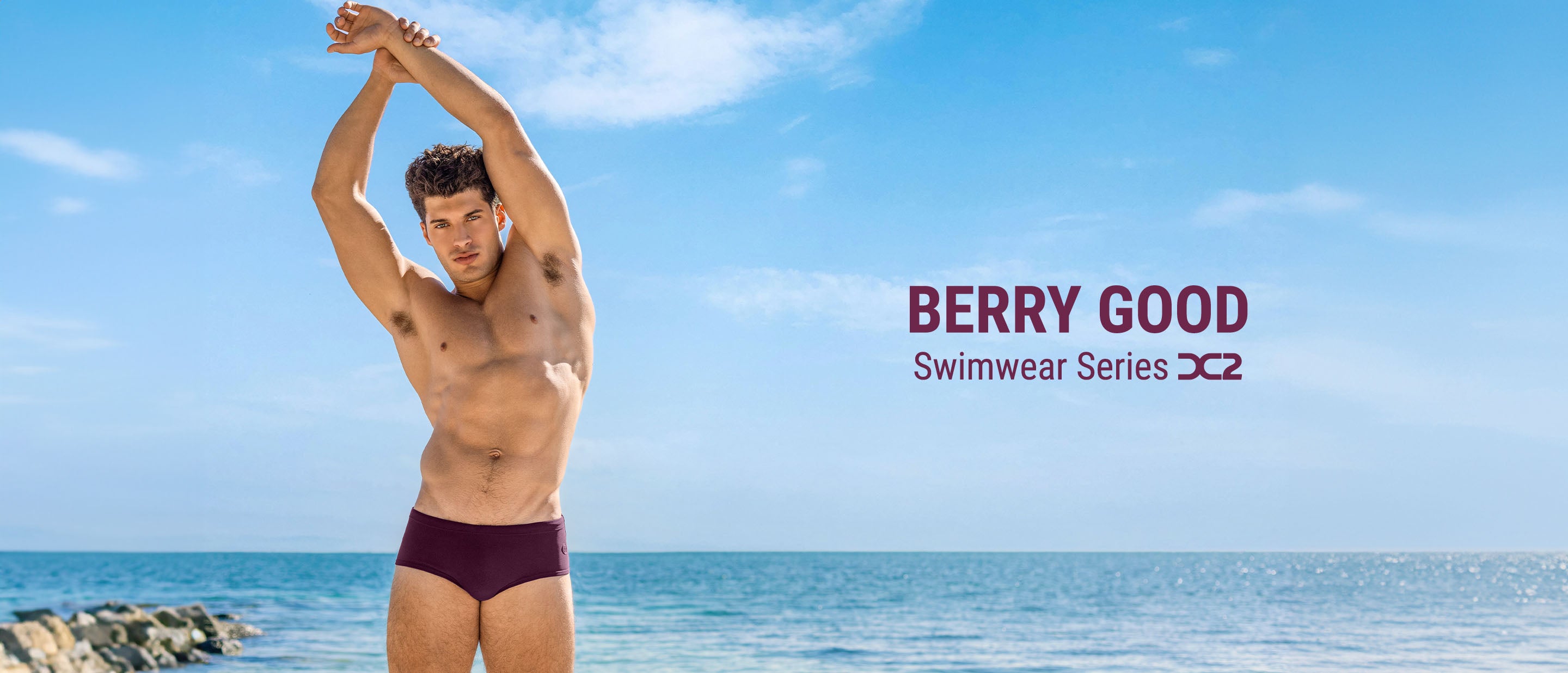 The BERRY GOOD men's swimsuit series in Burgundy Wine Bordeaux Red Maroon Raspberry color. From the DC2 swimwear brand by BANG! Miami. Available as swim brief, swim sungas, swim shorts and square cut swim trunks.