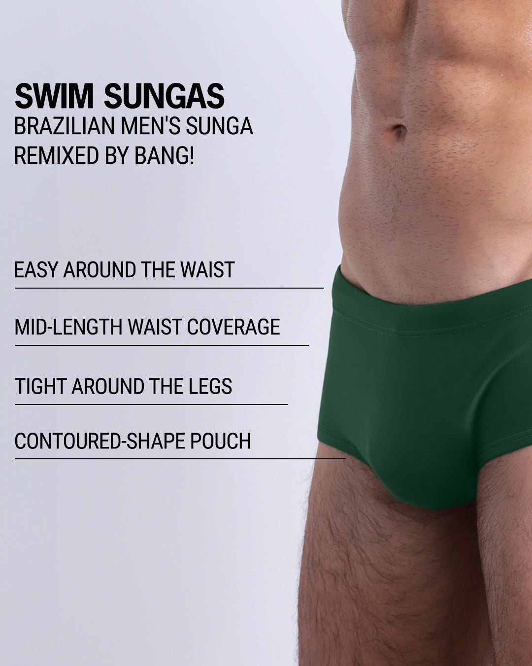 Infographic explaining the Brazilian Men's Swim Sunga remixed by DC2. These Swim Sunga are easy around the waist, are mid-length waist coverage, are tight around the legs, and have contoured-shape pouch.