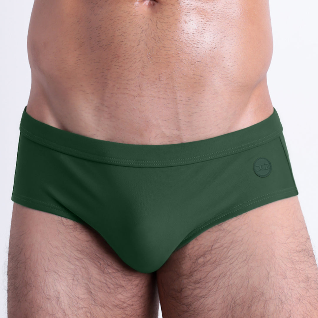 DC2 Alpha Green Swim Briefs — alternate close-up showing refined stitching, ergonomic pouch, and luxury swimwear craftsmanship.
