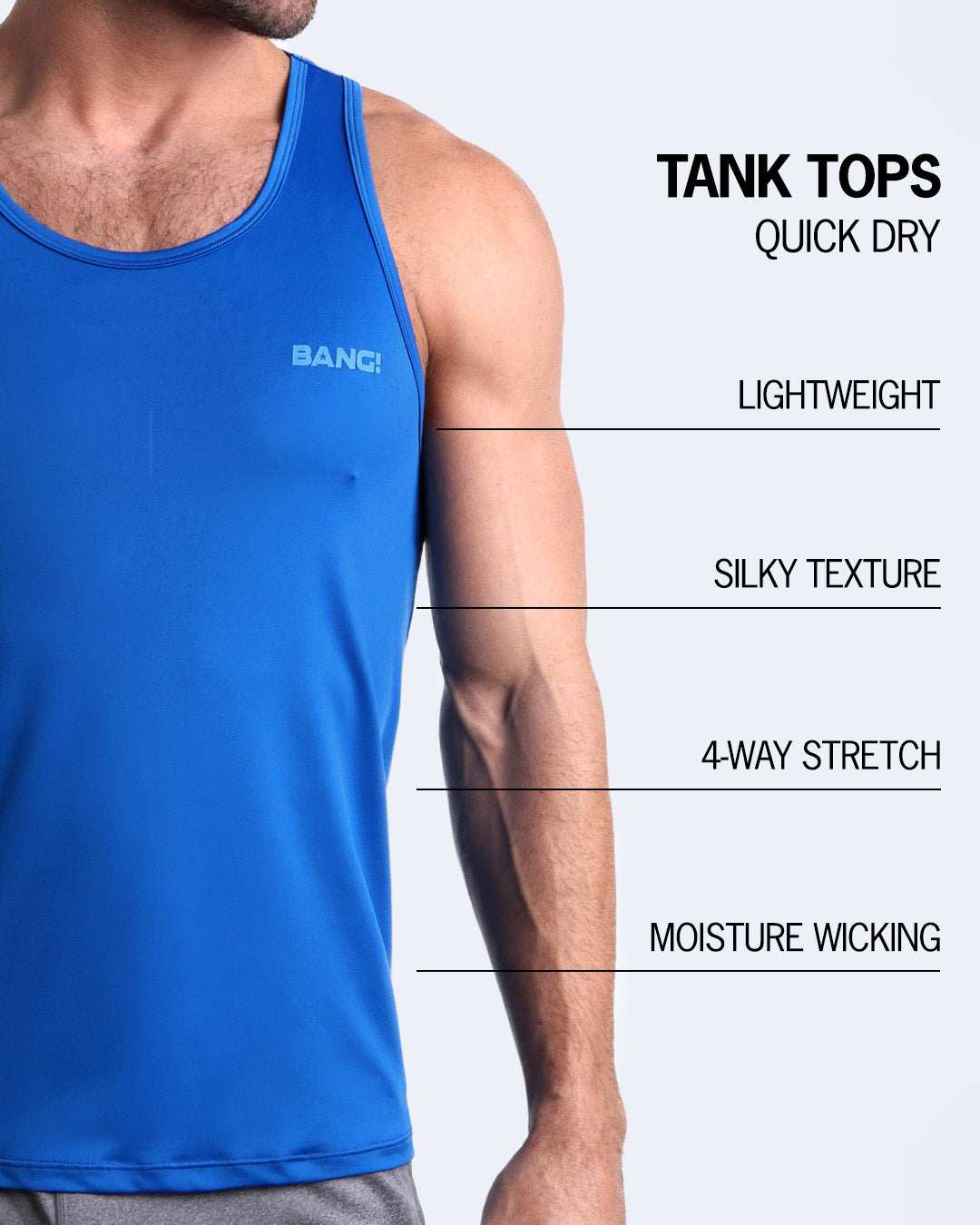 An infographic explaining the features of the lightweight, silky texture, 4-way stretch, and moisture-wicking material of the BANG! fitness tank top.