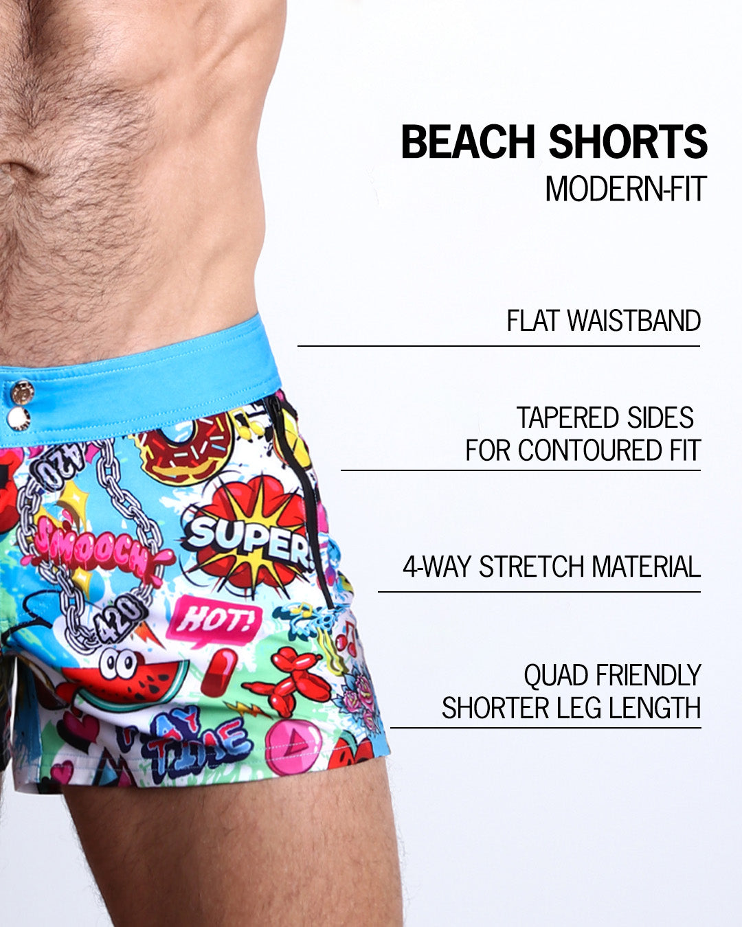 Infographic explaining the many features of these modern fit BANG ONE Beach Shorts by BANG! Clothes. These swimming shorts have a flat waistband, tapered sides for a contoured fit, 4-way stretch material, and quad-friendly leg length.