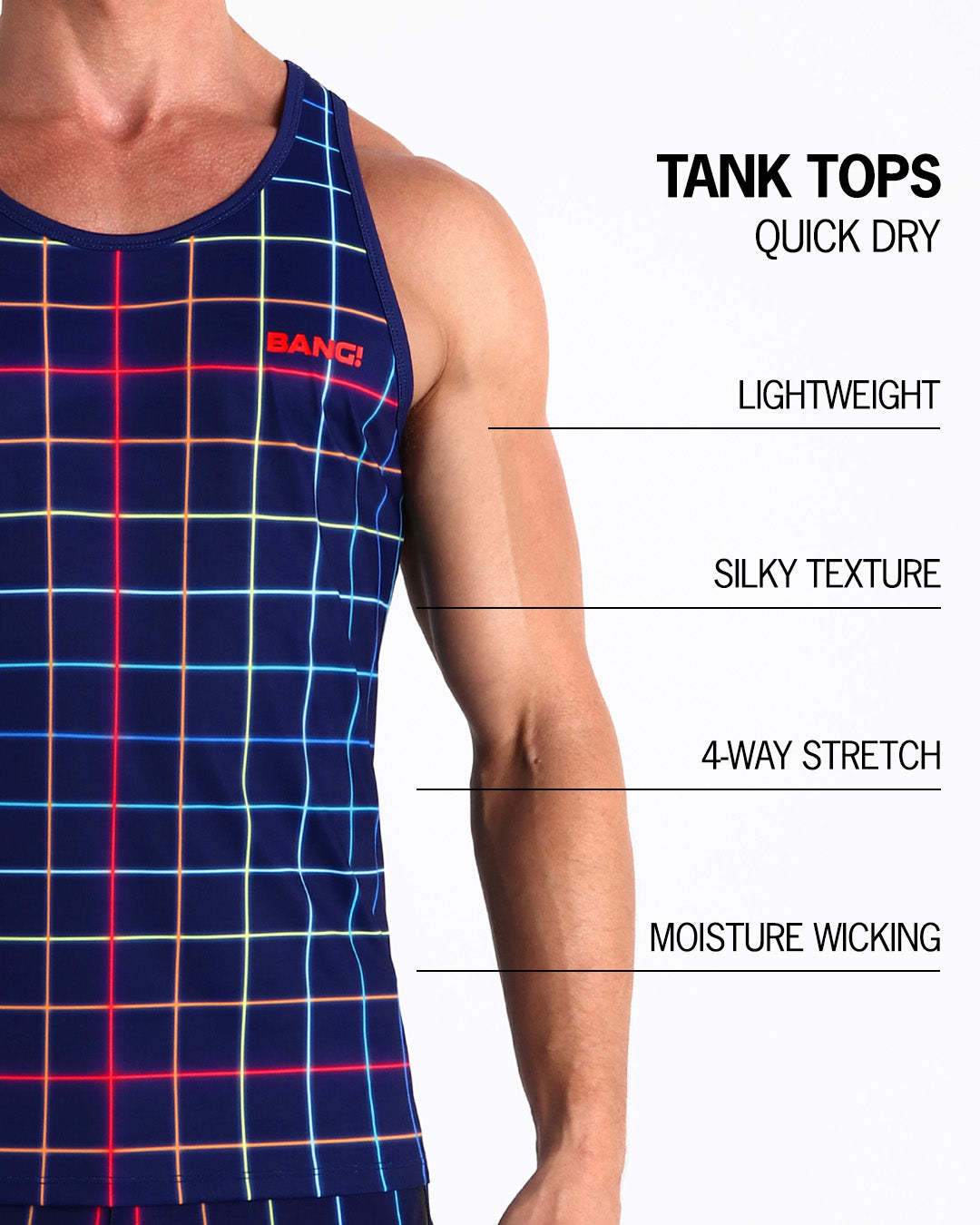 Infographic explaining how lightweight, silky texture, 4-way stretch, moistute wicking material of the BANG! clothes fitness tank top.