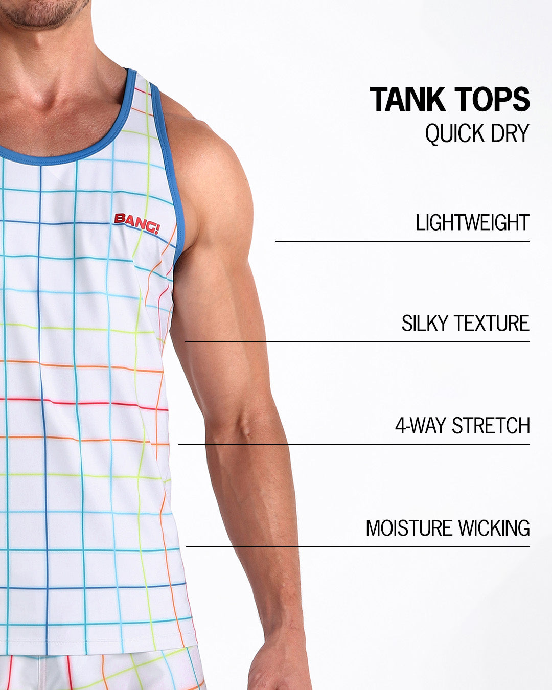 Infographic explaining how lightweight, silky texture, 4-way stretch, moistute wicking material of the BANG! clothes fitness tank top.