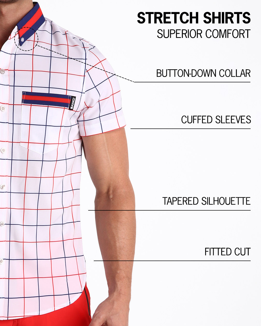 An infographic explaining the features of the men’s sleeveless Hawaiian Stretch Shirt. The shirt offers superior comfort, a fitted cut, tapered silhouette, cuffed sleeves, and a button-down collar.