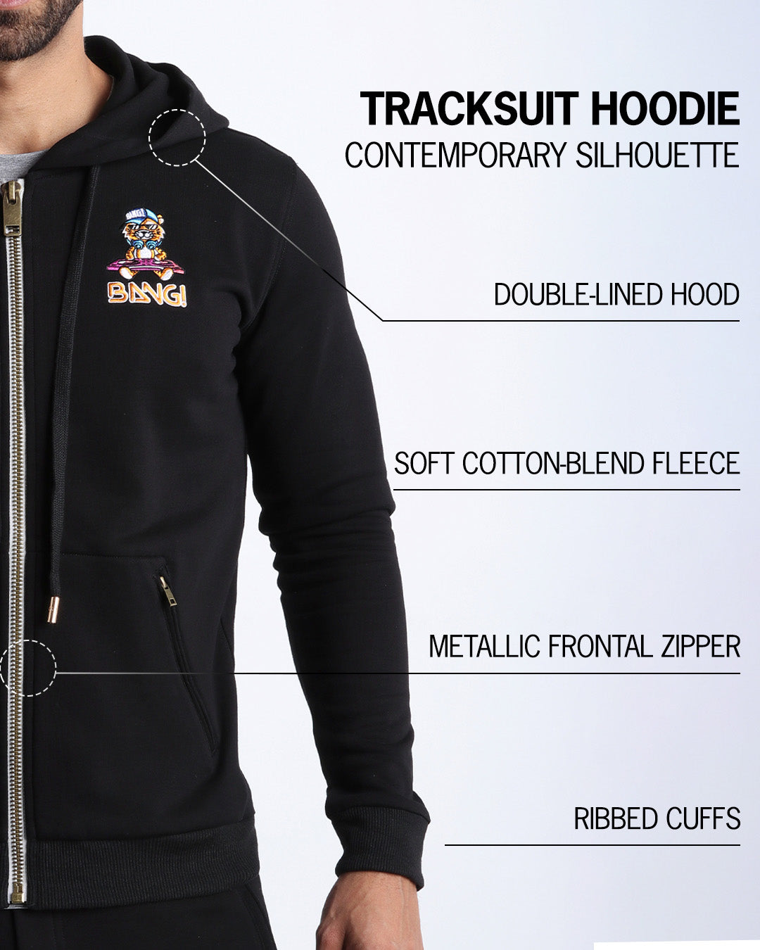 An infographic explaining the features of BANG! Clothes’ Tracksuit Hoodie, including a contemporary silhouette, double-lined hood, soft cotton-blend fleece, ribbed cuffs, and a metallic frontal zipper.