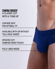 Infographic explaining the classic cut with a tune-up BLUE BY THE OCEAN Swim Brief by DC2. These men swimsuit is low-rise seat for optimal fit, available with or without 'Full-Pack' insert, comfier front pouch, and fully lined inside.