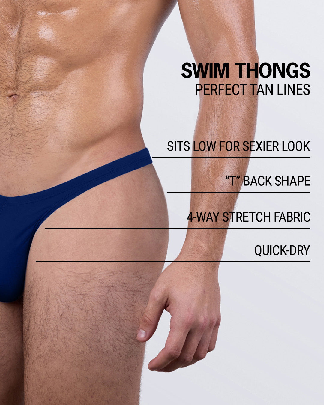 BLUE BY THE OCEAN swim thong for men – features 4-way stretch fabric, quick-dry technology, T-back shape, and low-rise fit for perfect tan lines.