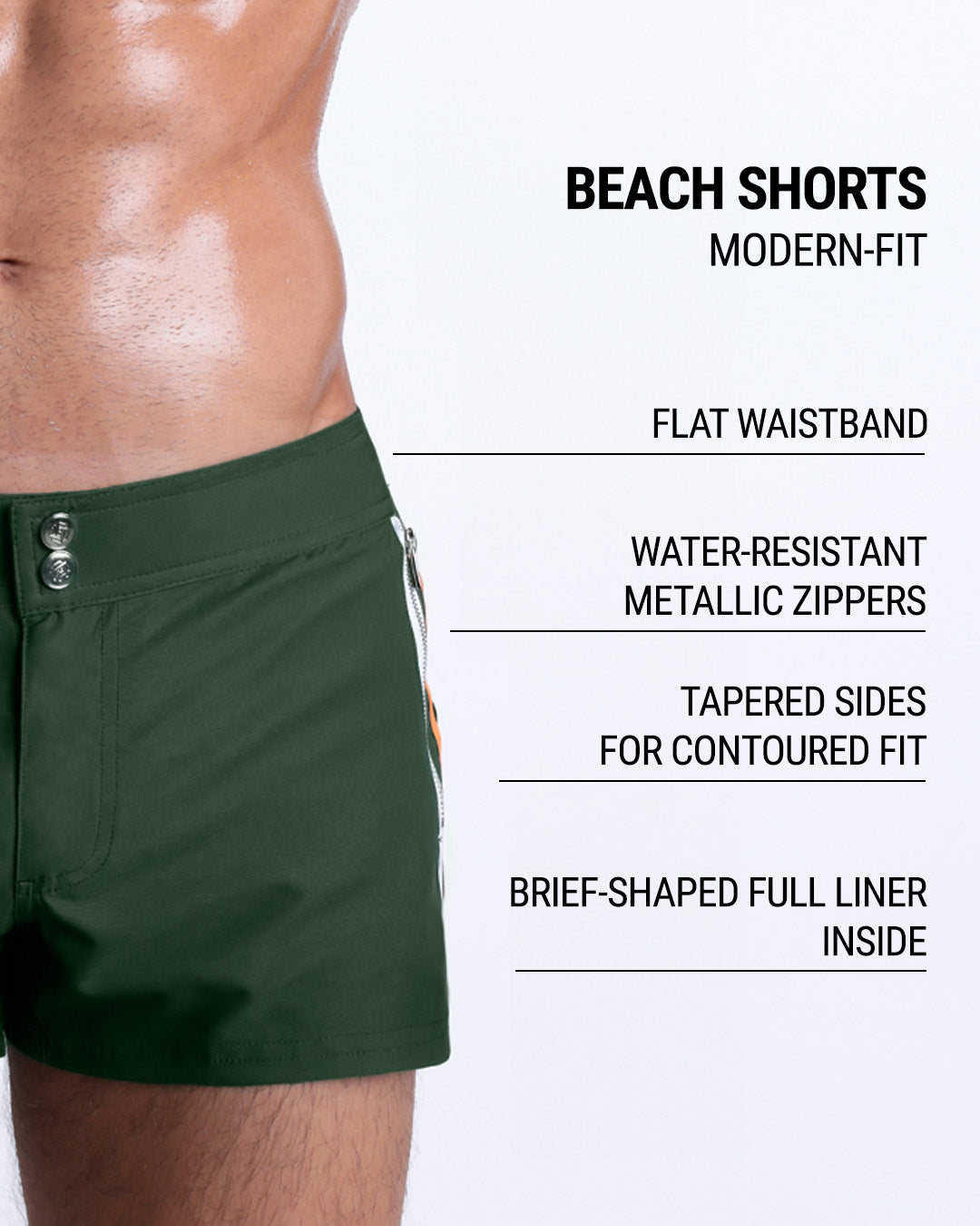 Infographic displaying the contemporary fit of DC2 Beach Shorts. These shorts feature a flat waistband, water-resistant metallic zippers, tapered sides for contoured fit, and a brief-shaped full liner inside.