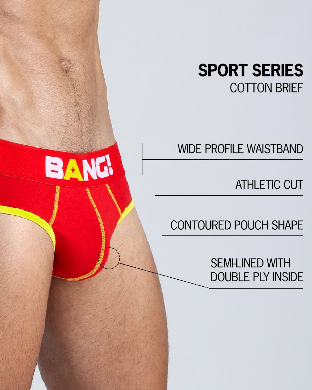 An infographic displays the premium quality of the Cotton Brief Sport Series. It features a wide profile waistband, athletic cut, contoured pouch shape, and semi-lined with double ply inside.