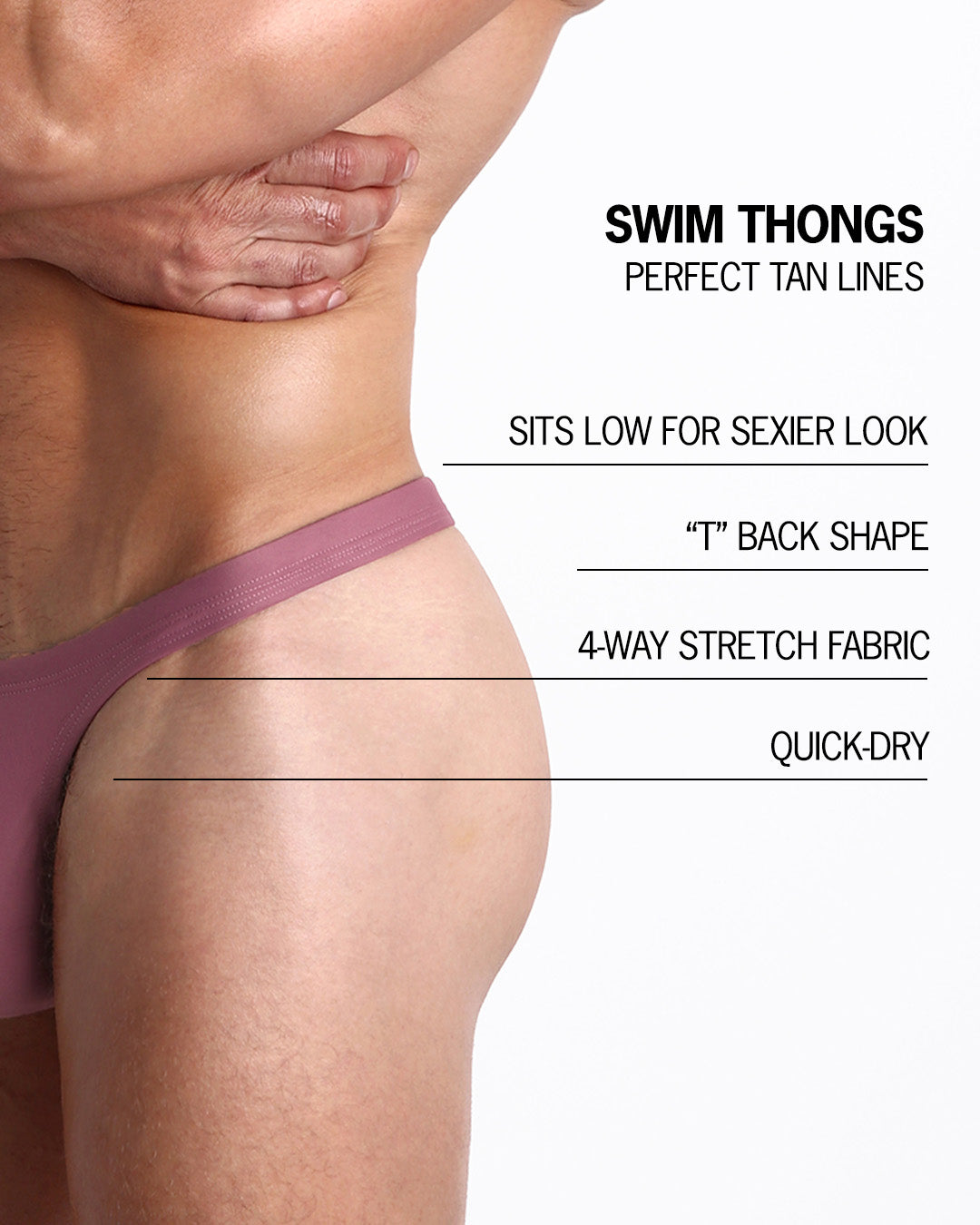Infographic explaining the many features of the BANG! Clothes Swim Thongs. These Summer speedo fit men's swimsuit is perfect tanning, they sit low for sexier look, "T" back shape, 4-way stretch fabric, and are quick-dry.
