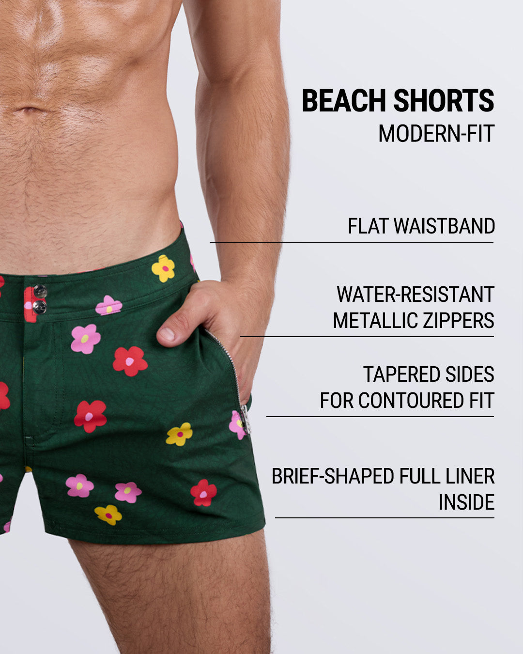 Detailed close-up of the BUY MYSELF FLOWERS beach shorts by DC2 Miami, highlighting key features: modern-fit design, flat waistband, water-resistant metallic zippers, tapered sides for a contoured fit, and a brief-shaped full liner inside for added support and comfort.