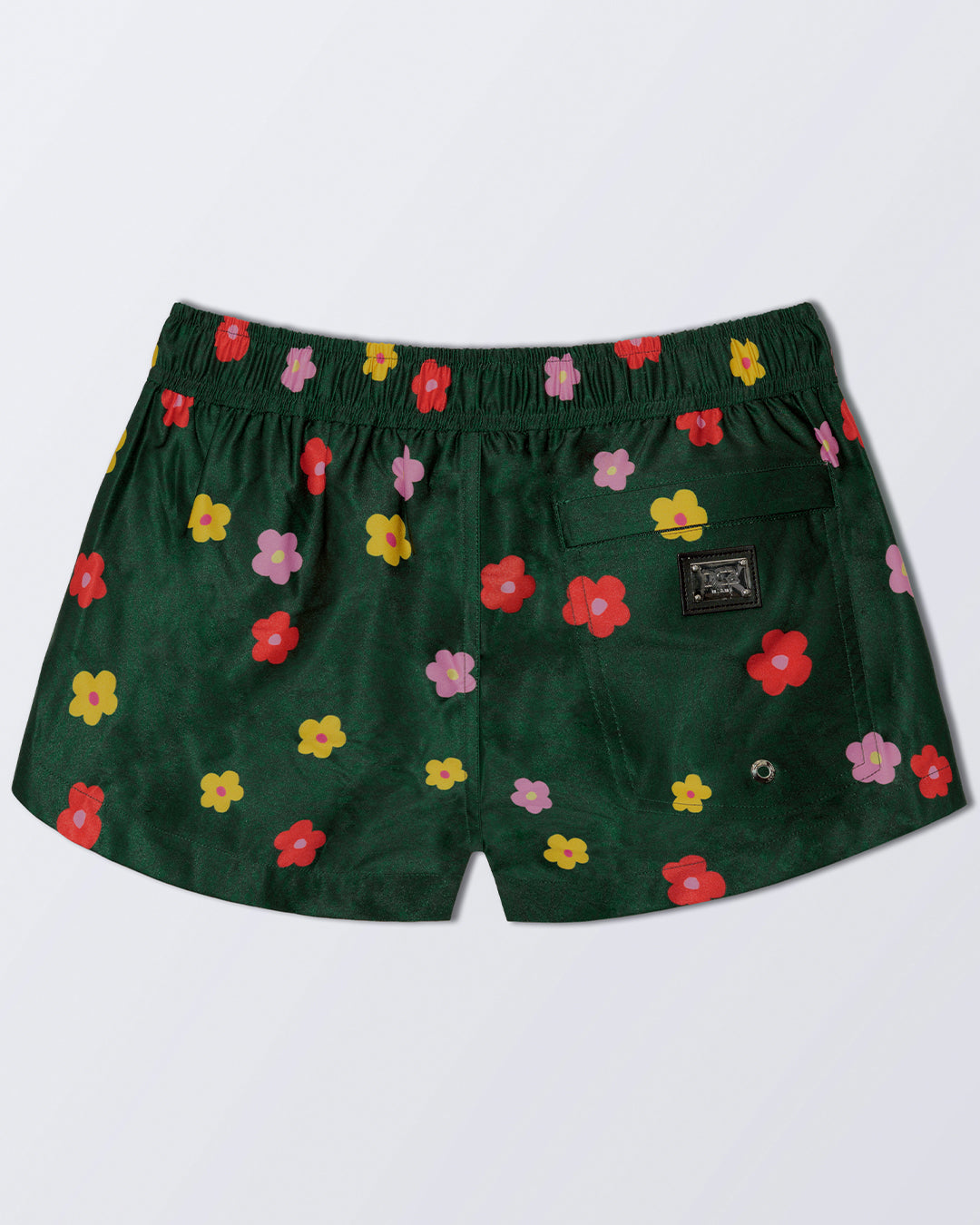 DC2 BUY MYSELF FLOWERS Mini Shorts — back view featuring rear pocket and multi-color flower pattern.