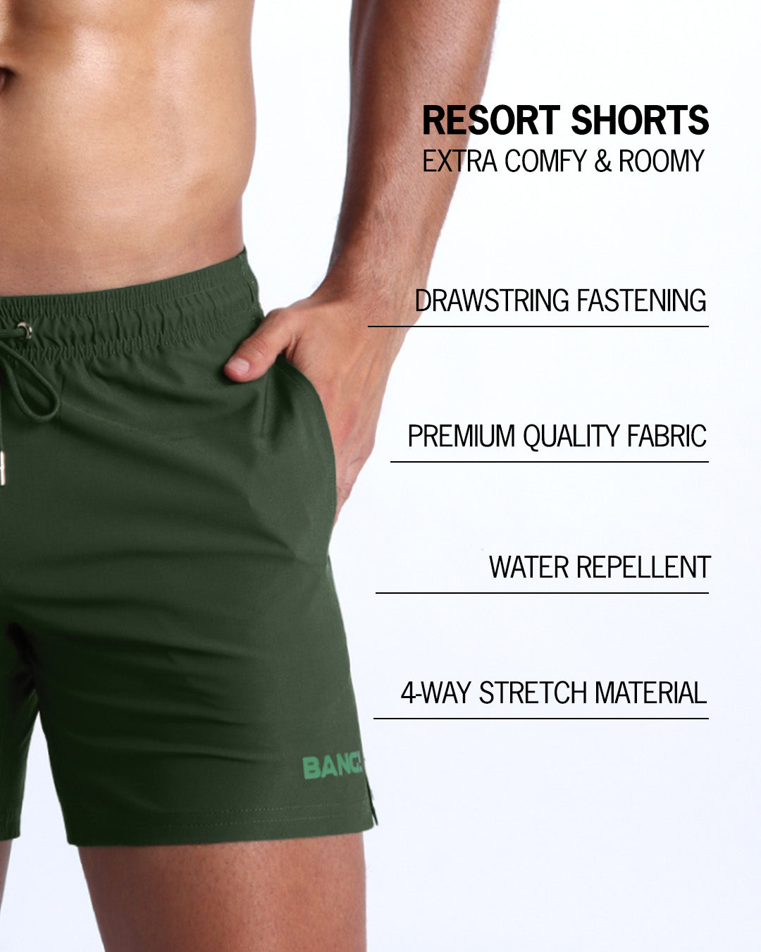 Infographic explaining drawstring fastening, quality fabric, quick-dry, 4-way stretch material features of the resort shorts.