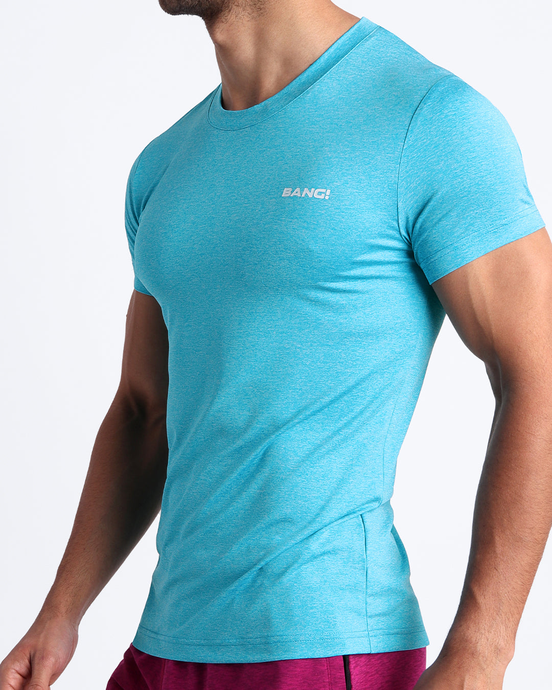BANG! Miami Olympic Blue Fitness T-Shirt — side angle highlighting fitted shape, soft stretch fabric, and minimal chest logo detail.