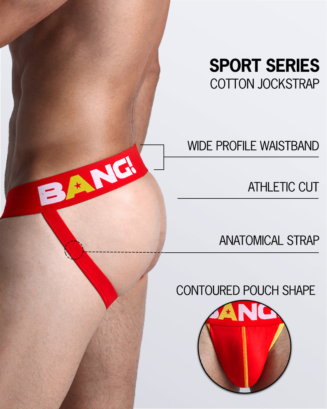 An infographic displays the premium quality of the Cotton Jockstrap Sport Series. It features a wide profile waistband, athletic cut, contoured pouch shape, and an anatomical strap.