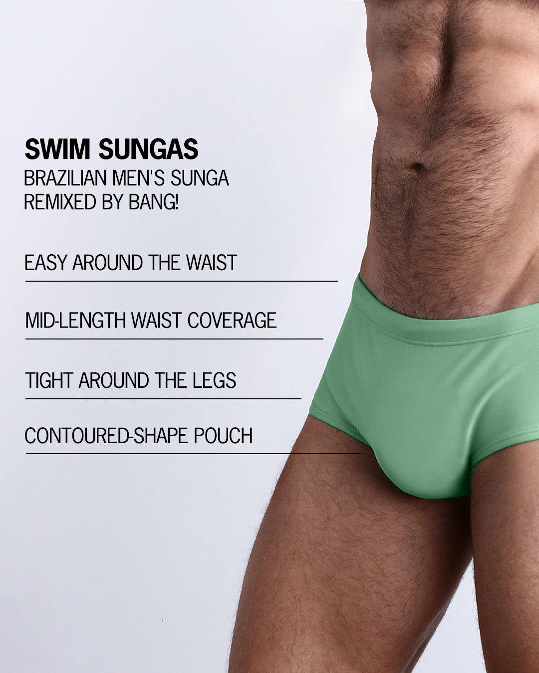 Infographic explaining the Brazilian Men's Swim Sunga remixed by BANG! These Swim Sunga are easy around the waist, are mid-length waist coverage, are tight aroung the legs, and have contoured-shape pouch.
