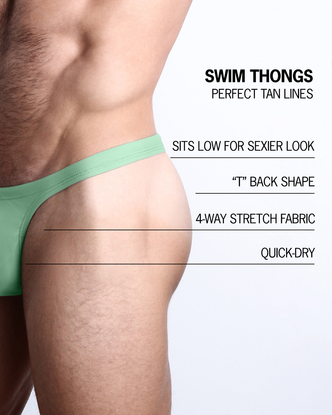 Infographic explaining the many features of the BANG! Clothes Swim Thongs. These Summer speedo fit men's swimsuit is perfect tanning, they sit low for sexier look, "T" back shape, 4-way stretch fabric, and are quick-dry.