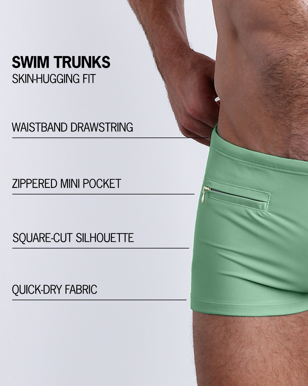 Infographic explaining the Swim Trunks swimming shorts by BANG! These Swim Trunks have a skin-hugging fit, have a wasitband drawstring, zippered mini pocket, square-cut silhouette and quick-dry fabric.