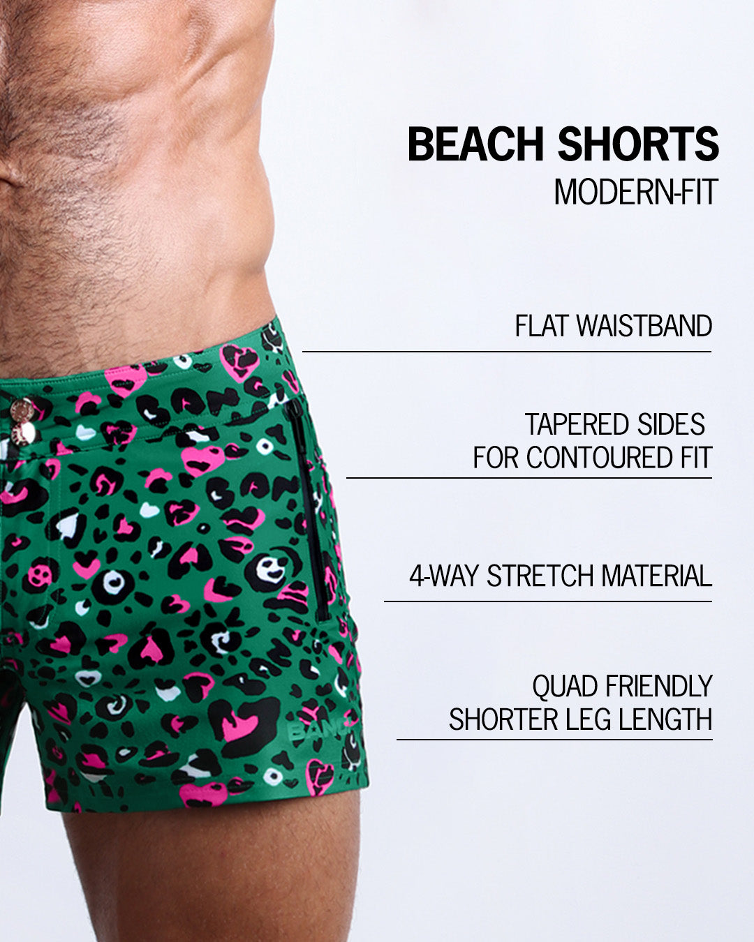 Infographic explaining the many features of these modern fit CAMO CHAMELEON Beach Shorts by BANG! Clothes. These swimming shorts have a flat waistband, tapered sides for a contoured fit, 4-way stretch material, and quad-friendly leg length.