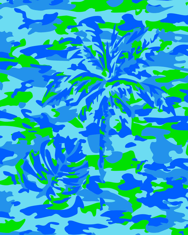 A close-up of the CAMO POP print featuring palm trees in bright blue and lime green, popping colors of camouflage.