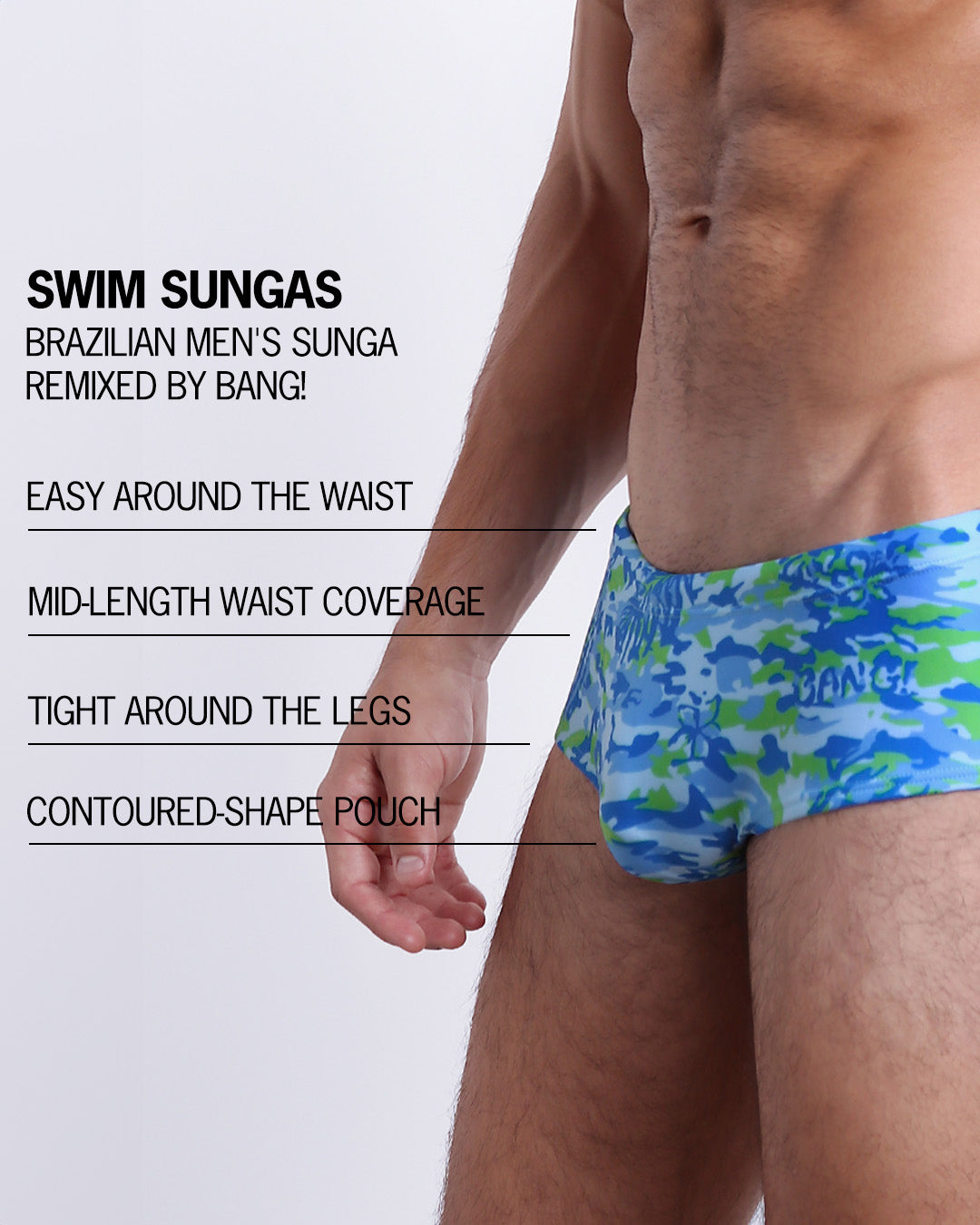 Infographic explaining the Brazilian Men's Swim Sunga remixed by BANG! These Swim Sunga are easy around the waist, are mid-length waist coverage, are tight aroung the legs, and have contoured-shape pouch.