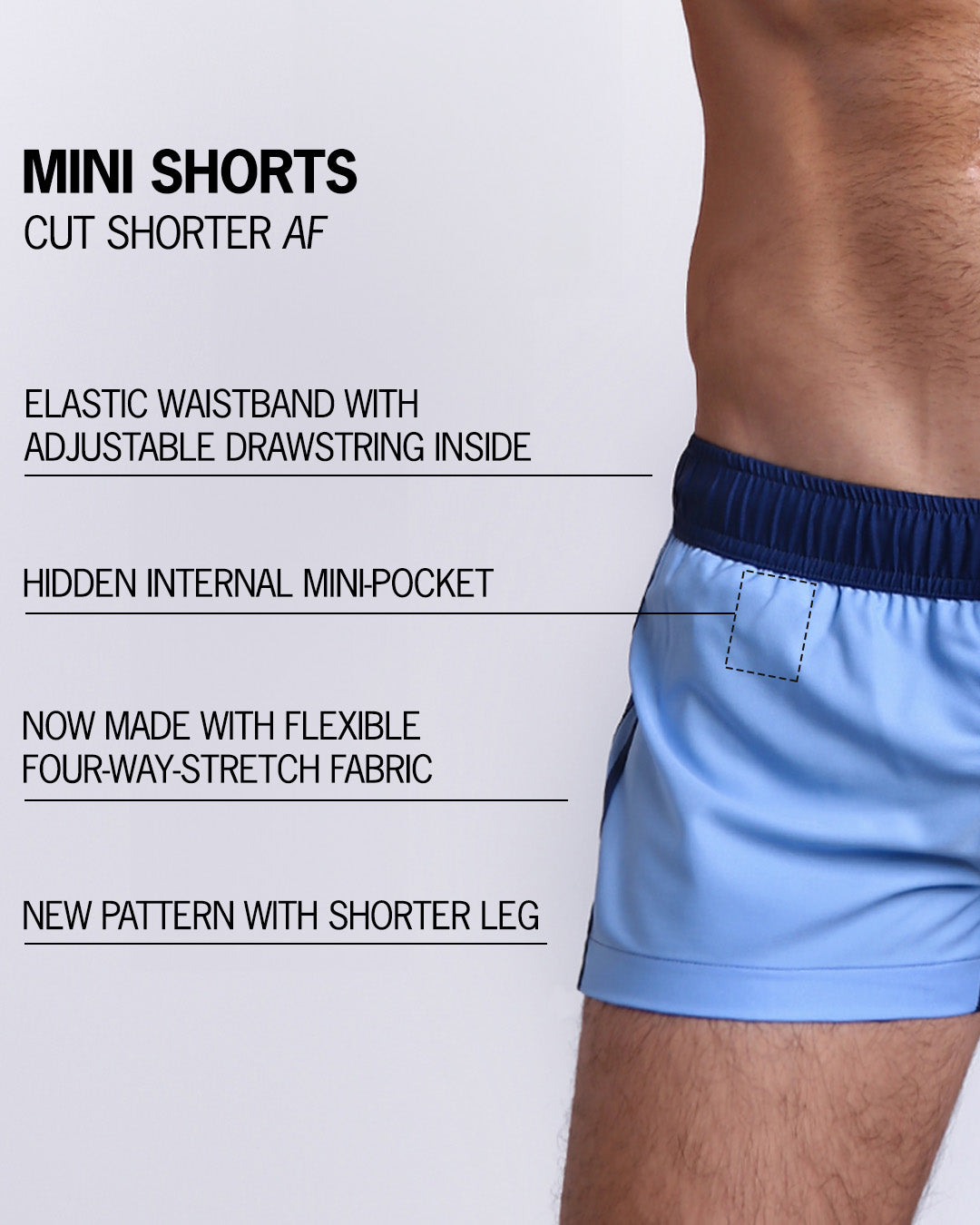 Infographic explaining the many features of Bang!'s Mini Shorts. These MINI SHORTS have elastic waistband with adjustable drawstring inside, hidden internal mini-pocket, 4-way stretch fabric, and are quad friendly with shorter leg length.