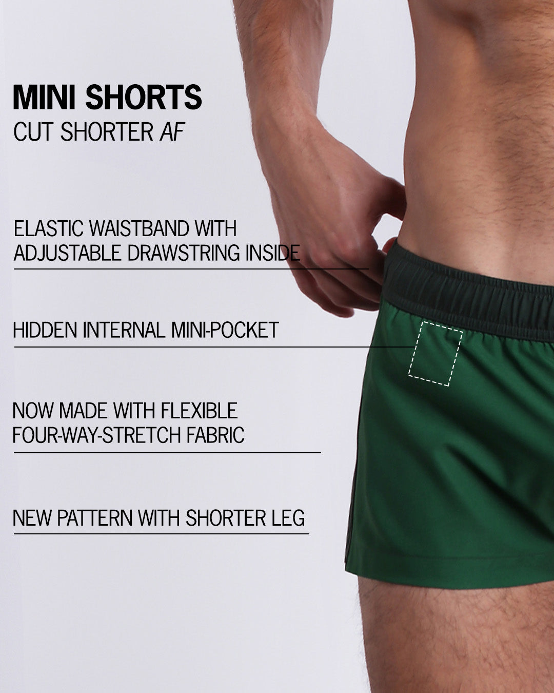 Infographic explaining the many features of Bang!'s Mini Shorts. These MINI SHORTS have elastic waistband with adjustable drawstring inside, hidden internal mini-pocket, 4-way stretch fabric, and are quad friendly with shorter leg length.