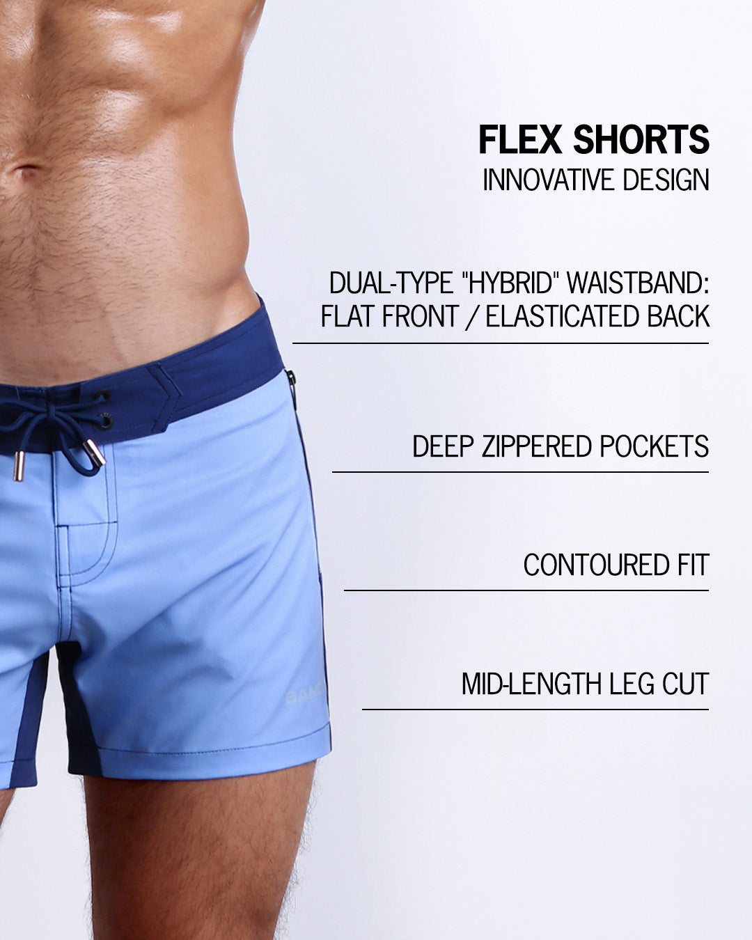 Infographic explaining the innovative design of the FLEX SHORTS. They're dual-type "hybrid" waistband, deep zippered pockets, contoured fit and mid-length leg cut by BANG! Clothes based in Miami.