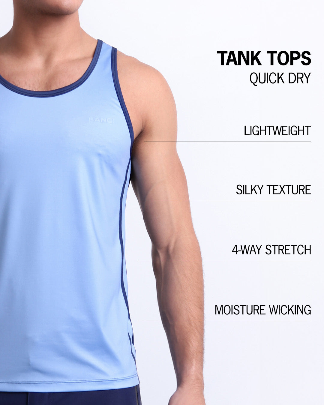 Infographic explaining how lightweight, silky texture, 4-way stretch, moistute wicking material of the BANG! clothes fitness tank top.