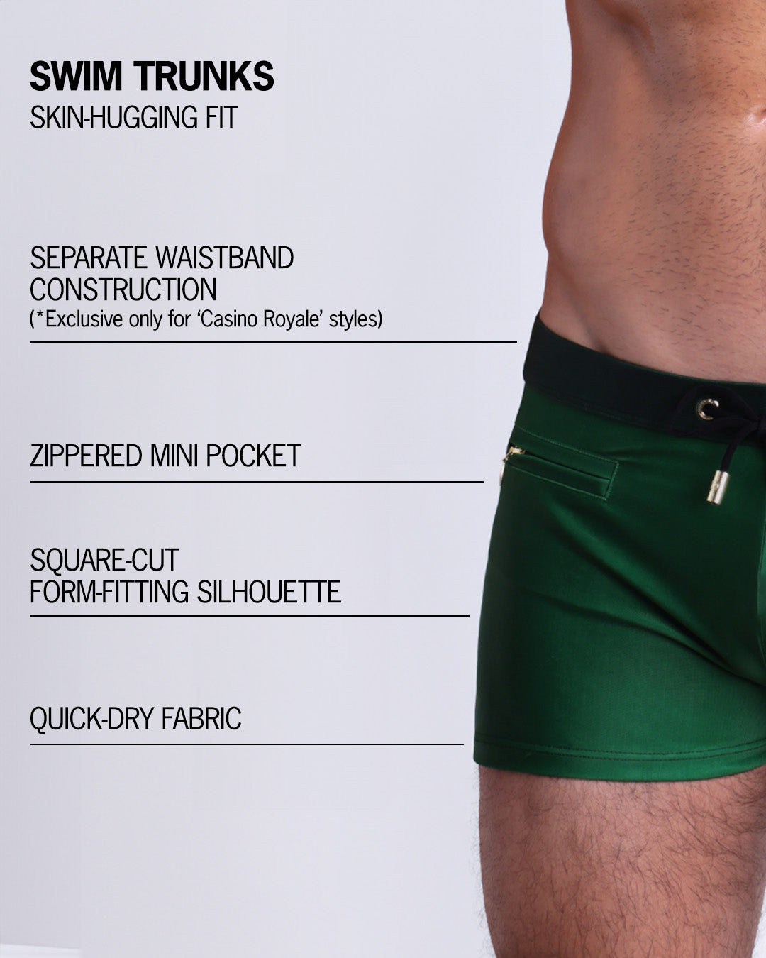 Infographic explaining the Swim Trunks swimming shorts by BANG! These Swim Trunks have a skin-hugging fit, have separate waistband construction, zippered mini pocket, square-cut form-fitting silhouette and quick-dry fabric.