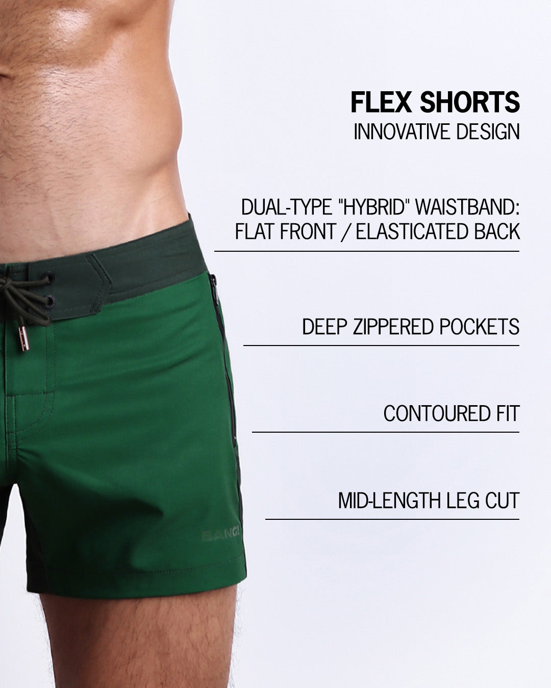 Infographic explaining the innovative design of the FLEX SHORTS. They're dual-type "hybrid" waistband, deep zippered pockets, contoured fit and mid-length leg cut by BANG! Clothes based in Miami.