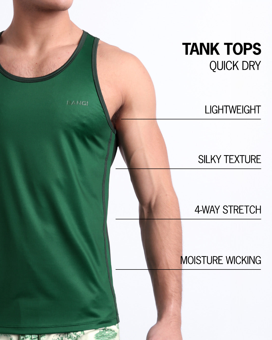 Infographic explaining how lightweight, silky texture, 4-way stretch, moistute wicking material of the BANG! clothes fitness tank top.