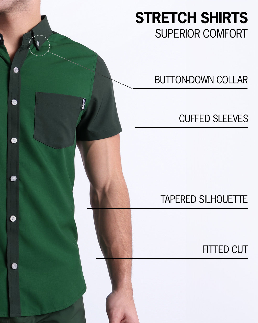 An infographic explaining the features of the men’s sleeveless Hawaiian Stretch Shirt. The shirt offers superior comfort, a fitted cut, tapered silhouette, cuffed sleeves, and a button-down collar.