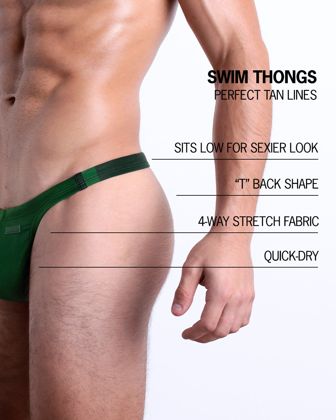 Infographic explaining the many features of the BANG! Clothes Swim Thongs. These Summer speedo fit men's swimsuit is perfect tanning, they sit low for sexier look, "T" back shape, 4-way stretch fabric, and are quick-dry.
