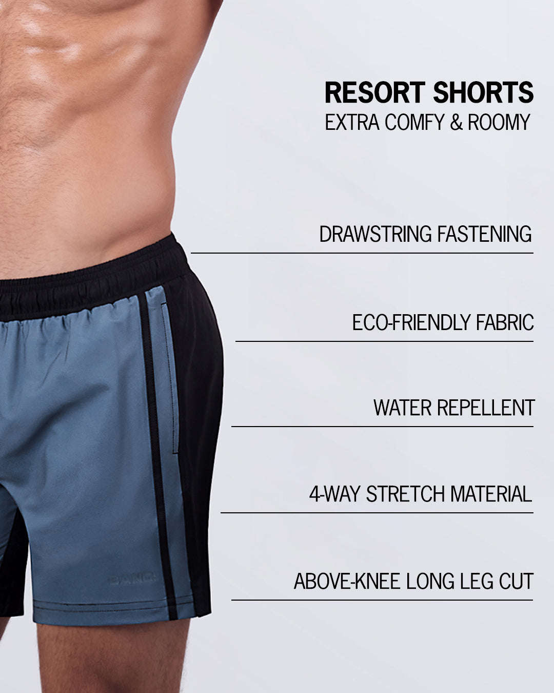 Close-up shot emphasizing key features: drawstring fastening, premium fabric, water-repellent technology, and a 4-way stretch material for maximum comfort.