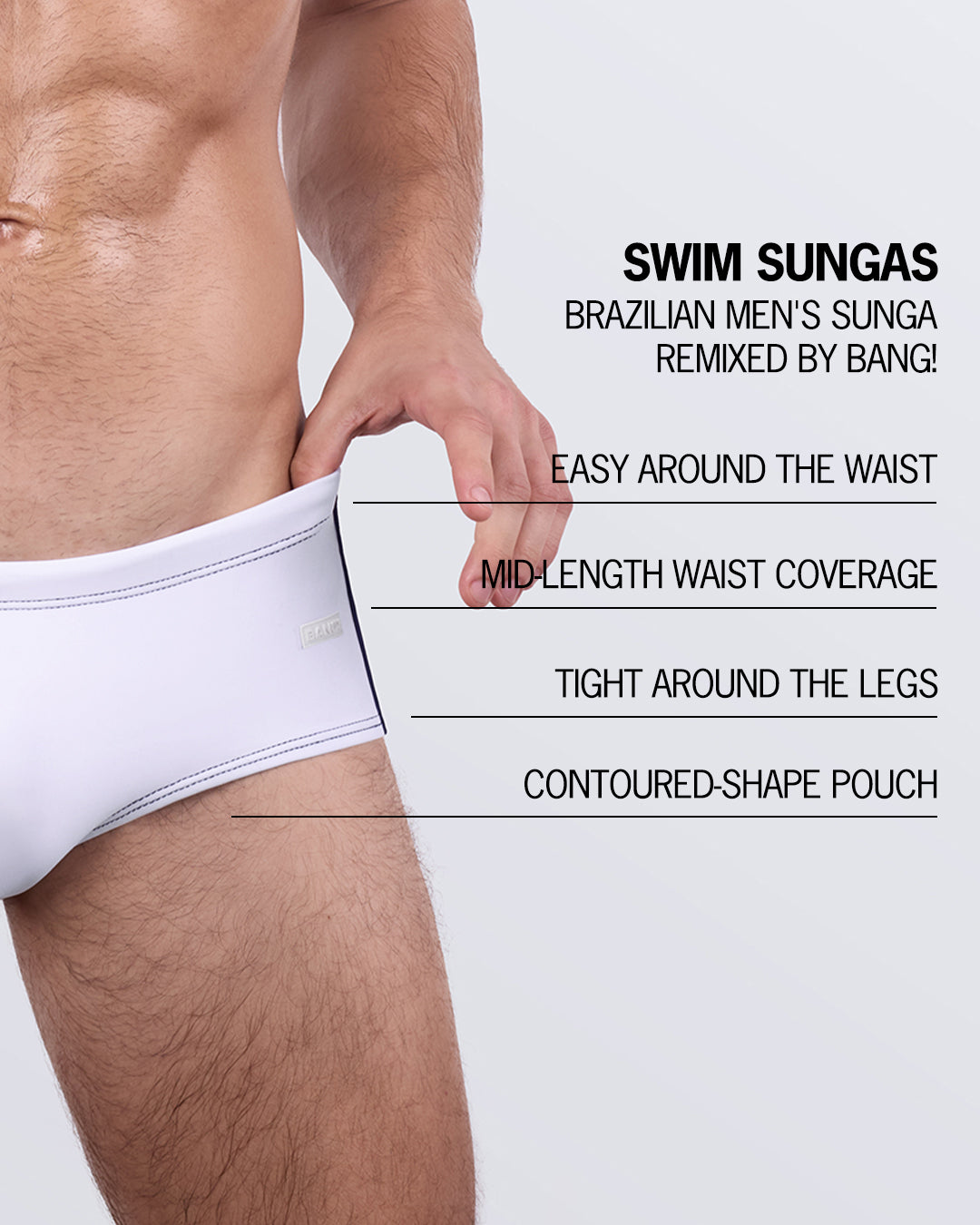 Infographic breakdown of BANG! Swim Sunga – mid-length waist coverage, tight fit around the legs, contoured pouch, and soft waistband for comfort