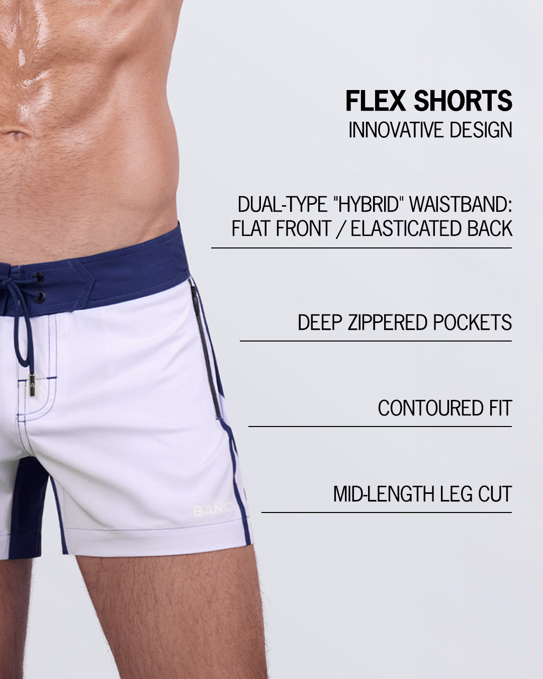 Detailed close-up of the Casino Royale (White + Navy Blue) Flex Shorts by BANG! Miami, highlighting key features: an innovative dual-type hybrid waistband with a flat front and elasticated back, deep zippered pockets for secure storage, a contoured fit, and a mid-length leg cut designed for superior movement and comfort.