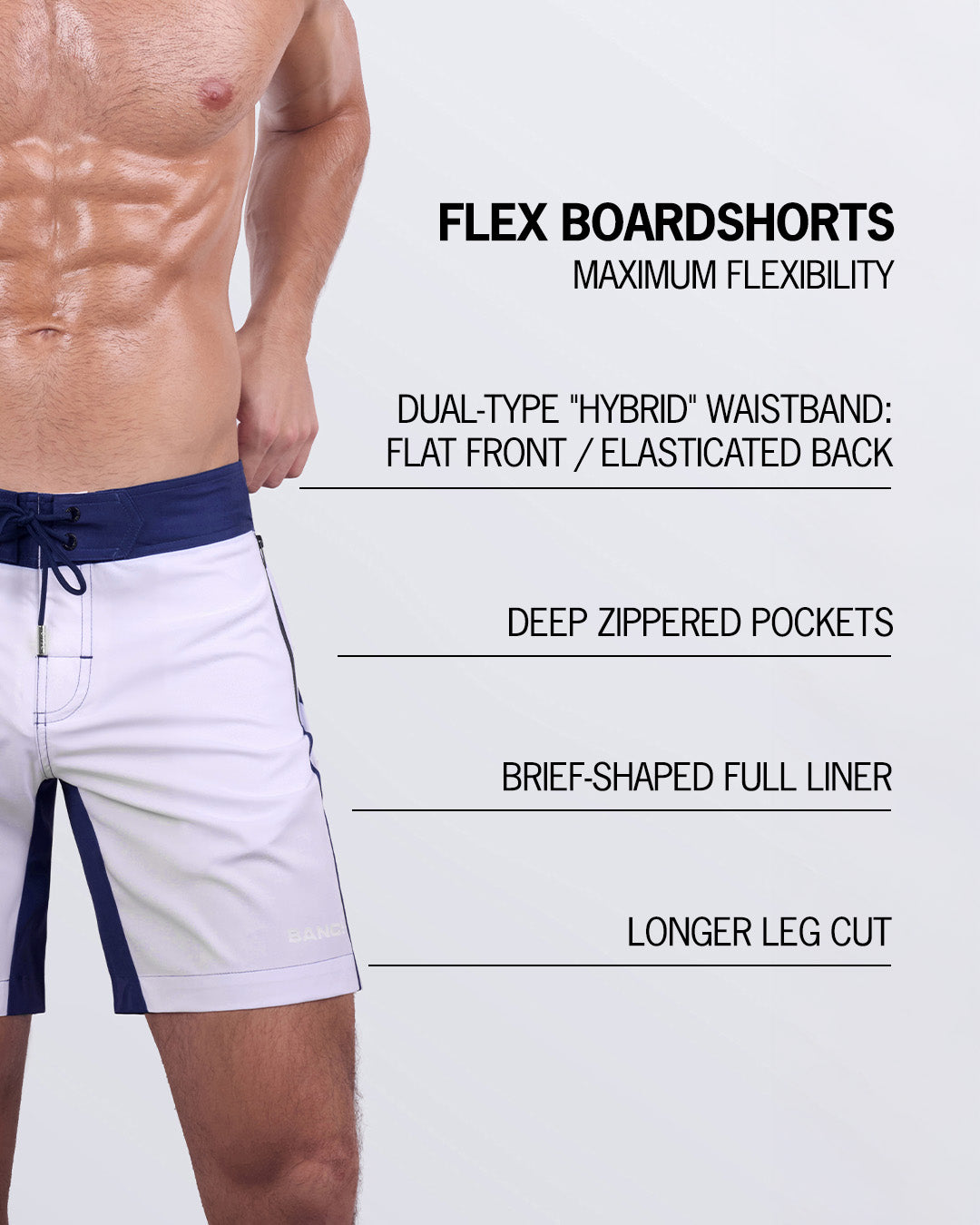 Close-up of the CASINO ROYALE (WHITE + NAVY BLUE) - Flex Boardshorts highlighting key details: dual-type "hybrid" waistband with a flat front and elasticated back, deep zippered pockets for convenience, a brief-shaped full liner for enhanced support, and a longer leg cut for a comfortable and stylish fit.