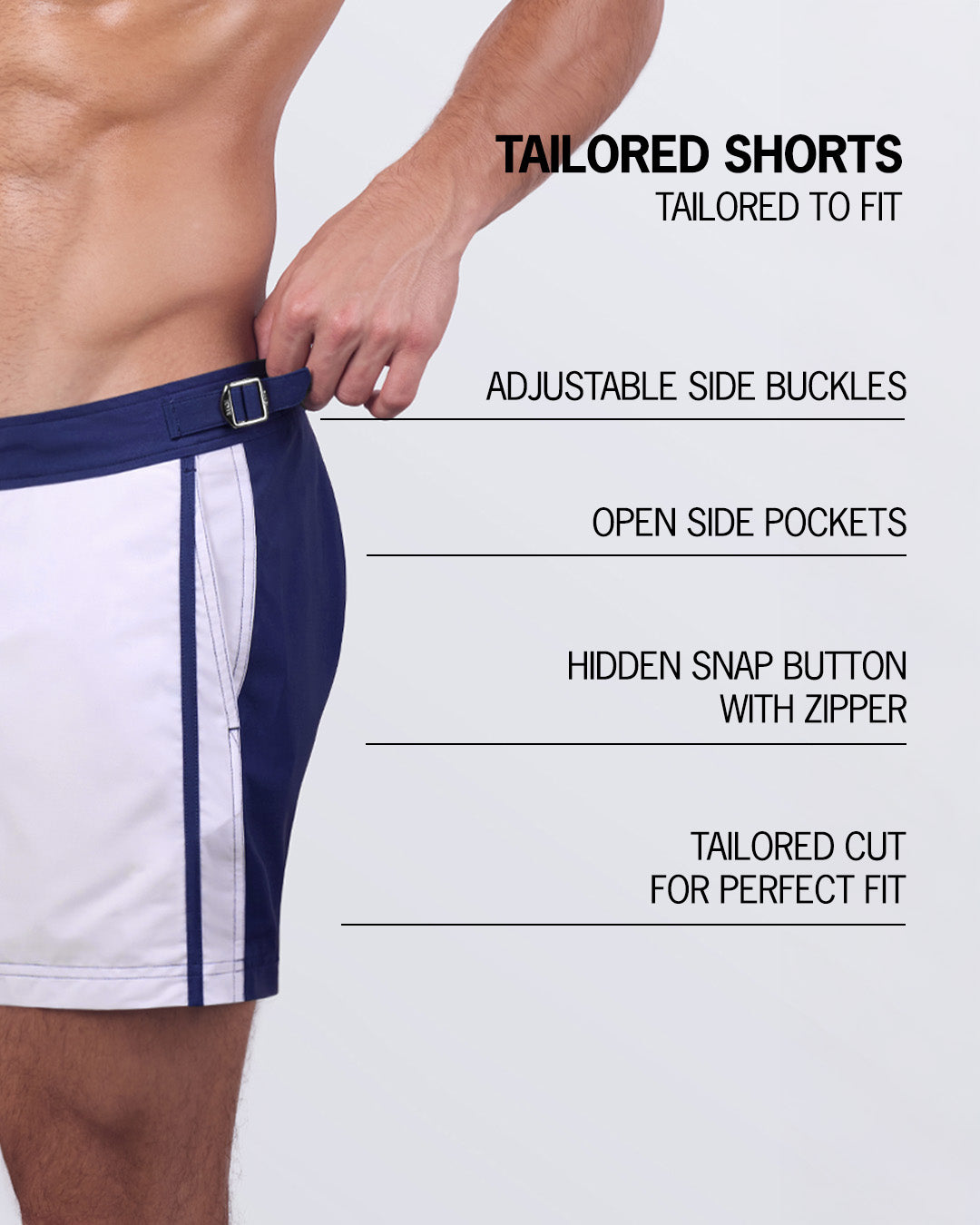 Close-up of the Casino Royale (White + Navy Blue) Tailored Shorts, highlighting key features such as a tailored fit, adjustable side buckles, open side pockets, and a hidden snap button with zipper closure for a refined yet functional design.