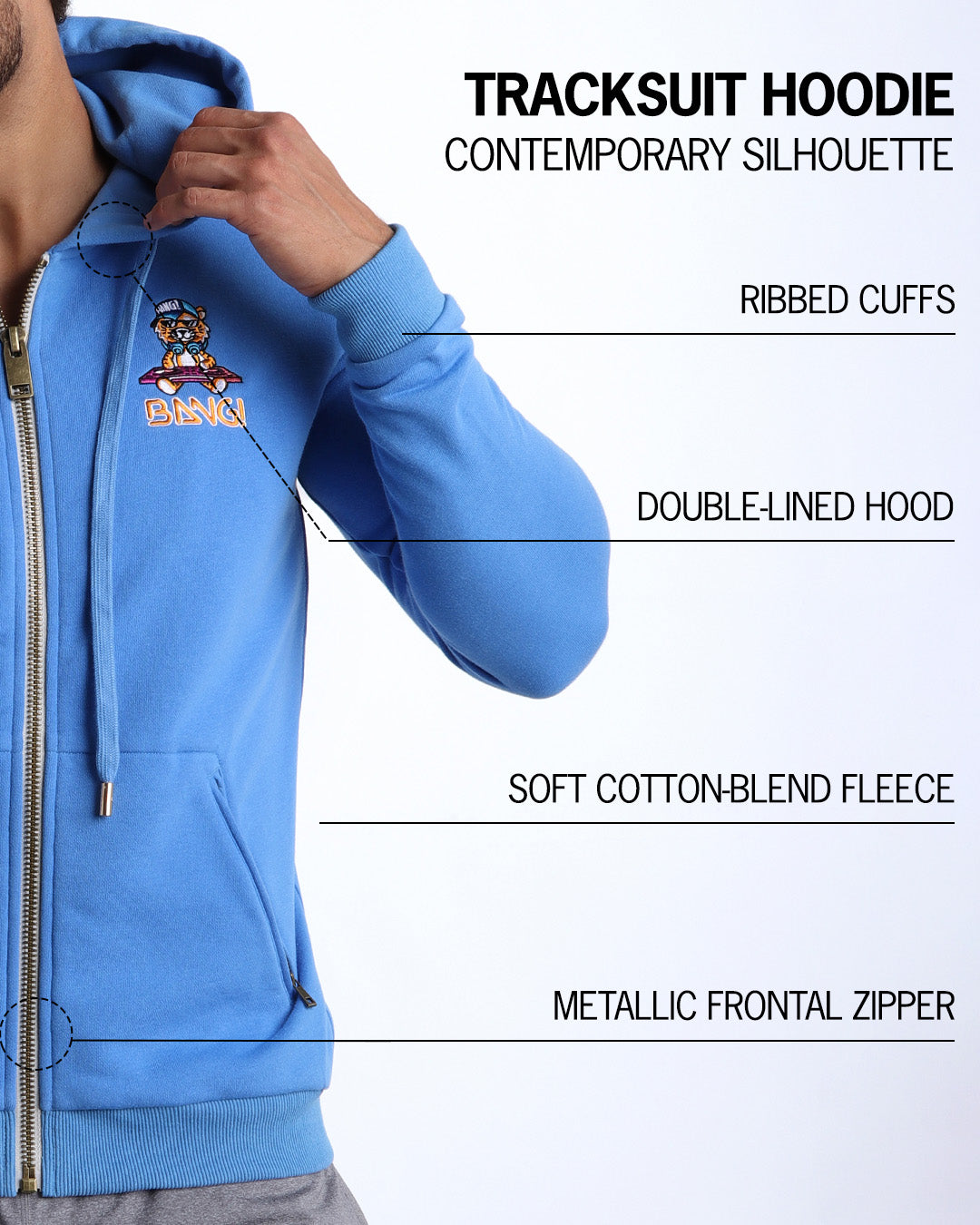 An infographic explaining the features of BANG! Clothes’ Tracksuit Hoodie, including a contemporary silhouette, double-lined hood, soft cotton-blend fleece, ribbed cuffs, and a metallic frontal zipper.