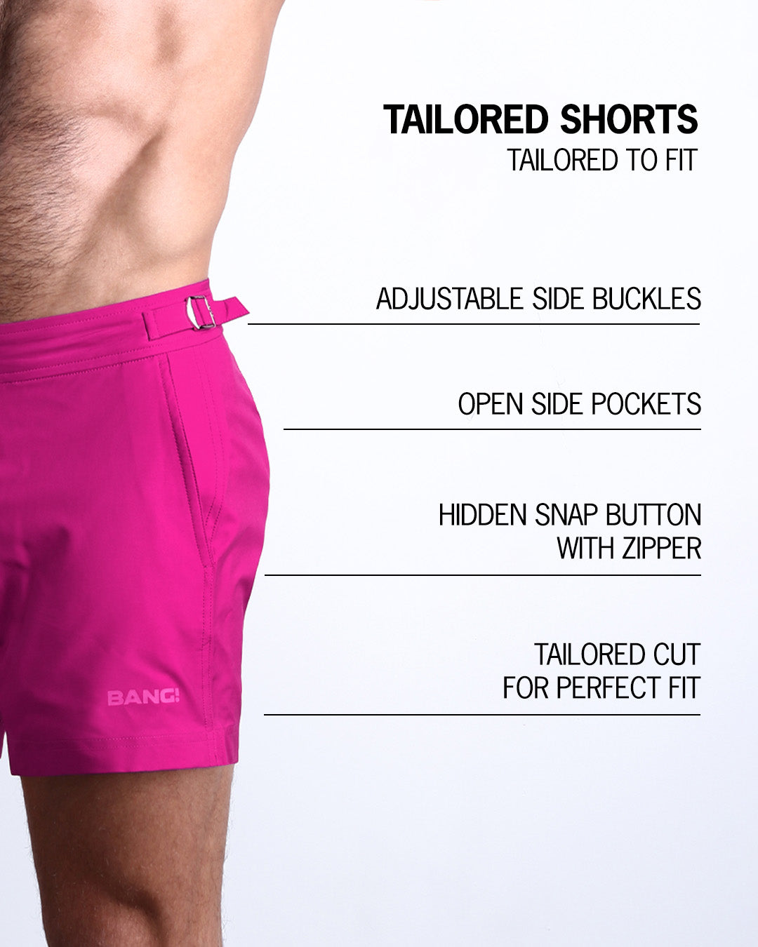 Infographic explaining the Tailored Shorts features and how they're tailored to fit every body form. They have hidden snap button with zipper, reinforced side pockets, and welded back pocket with zipper premium quality beach shorts for men.