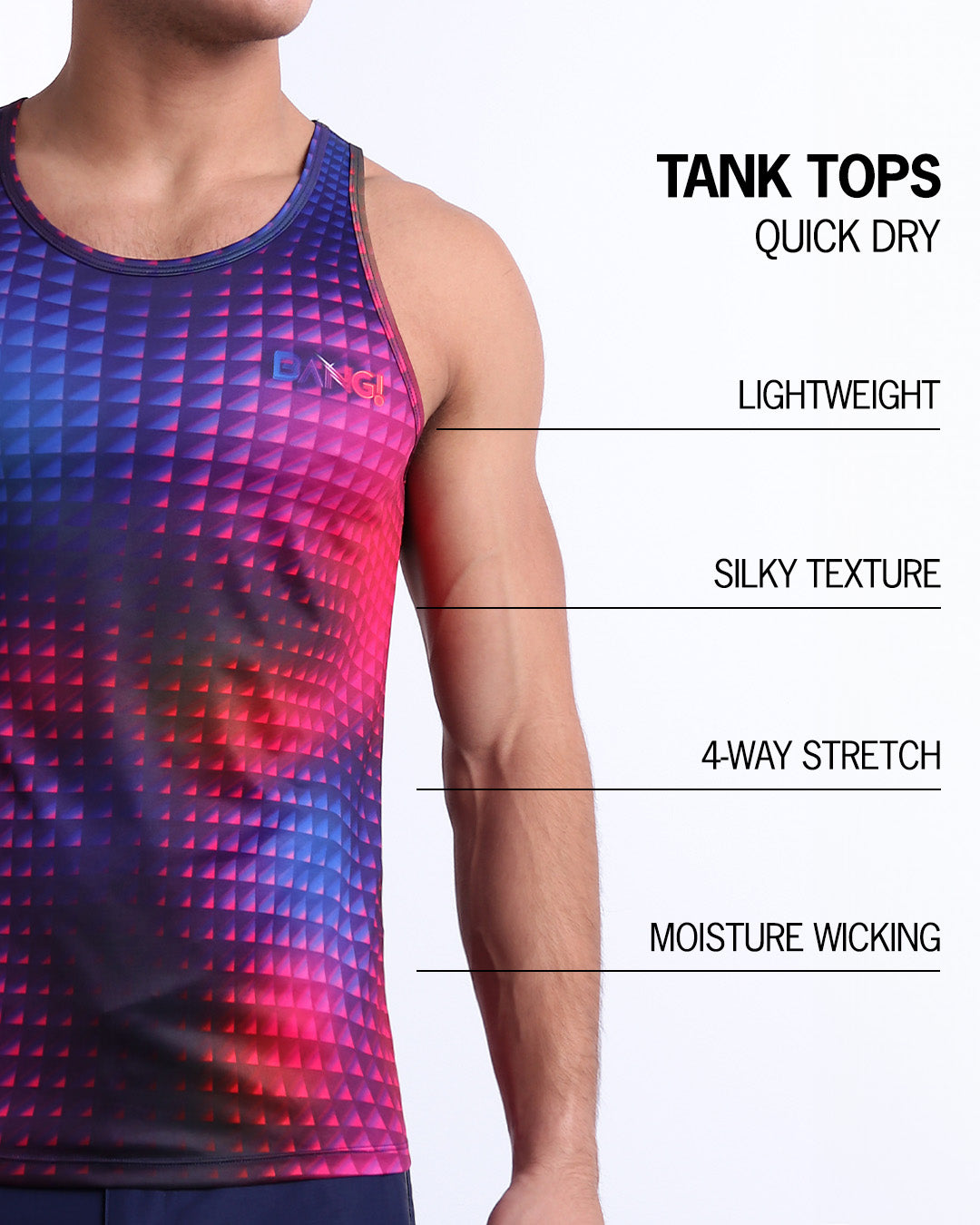 Infographic explaining how lightweight, silky texture, 4-way stretch, moistute wicking material of the BANG! clothes fitness tank top.