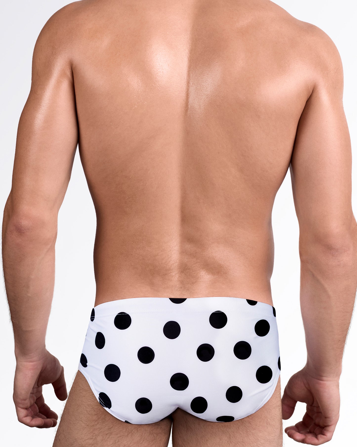 DC2 Miami Connect the Dots Swim Sunga — back view highlighting the retro black polka dot print and fitted square-cut design.